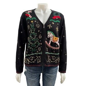 Vintage Ugly Christmas Sweater Embellished Beaded Black Holiday Party Medium